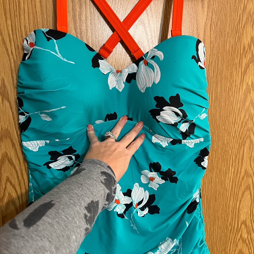 Floral One-Piece Swimsuit - Teal and Black - Picture 2 of 8